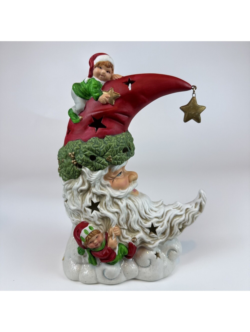 Vintage Ceramic Santa Crescent Moon Tealight Candle Holder Elves Christmas Lamp
